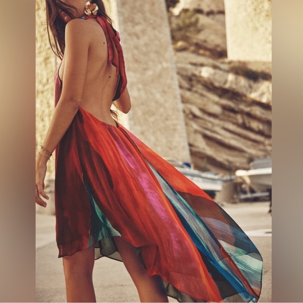 Zara Boho Backless Halter Dress Colourful Resort Vacation Sz M Sheer Whimsical